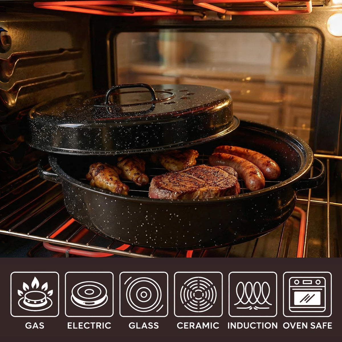 Granite Bowl Turkey Roaster With Lid, 18 Inch Carbon Steel, Black