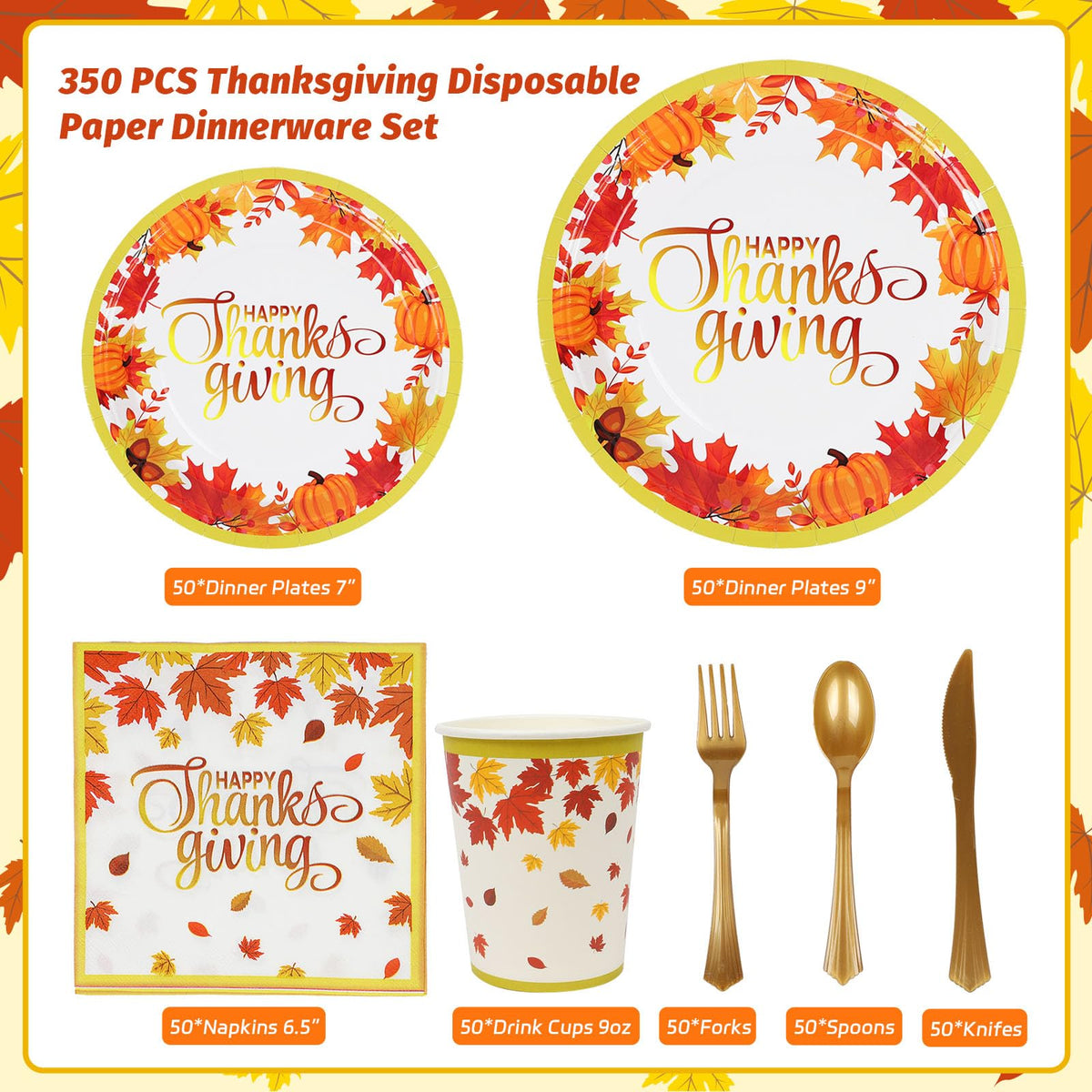 Analim Thanksgiving Dinnerware Set, 350 Pieces, Golden Maple Leaves