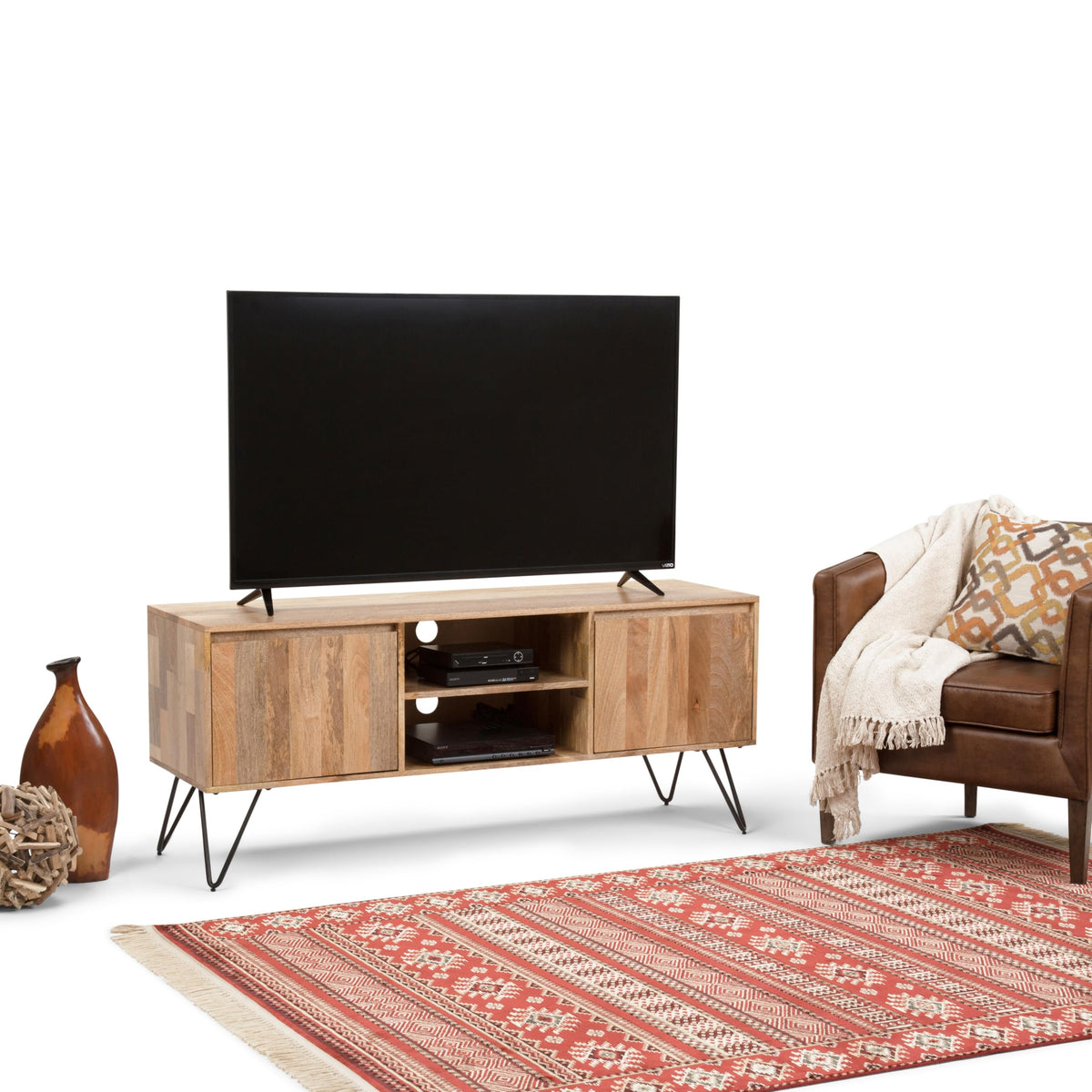 Kitchener 60" Wide Solid Wood TV Stand in Hickory Brown by SIMPLIHOME – 60 inch, Mango Wood, Refined Natural, Model AXCHUN-08