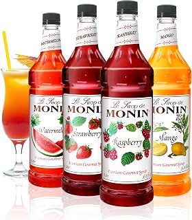 Monin Summer Variety Pack, Fruit Flavored Syrup, Mango, Strawberry, Raspberry, & Watermelon Syrup, Simple Syrup for Margaritas, Lemonade, Cocktails, & More, Clean Label (1 Liter, 4-Pack)