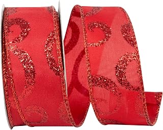 Reliant Ribbon 92305W-065-09F Scroll Glitter Value Wired Edge Ribbon, 1-1/2 Inch X 10 Yards, Red