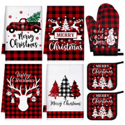 Bencailor Christmas Kitchen Linen Set, Red Truck Buffalo Plaid, 8 Pieces