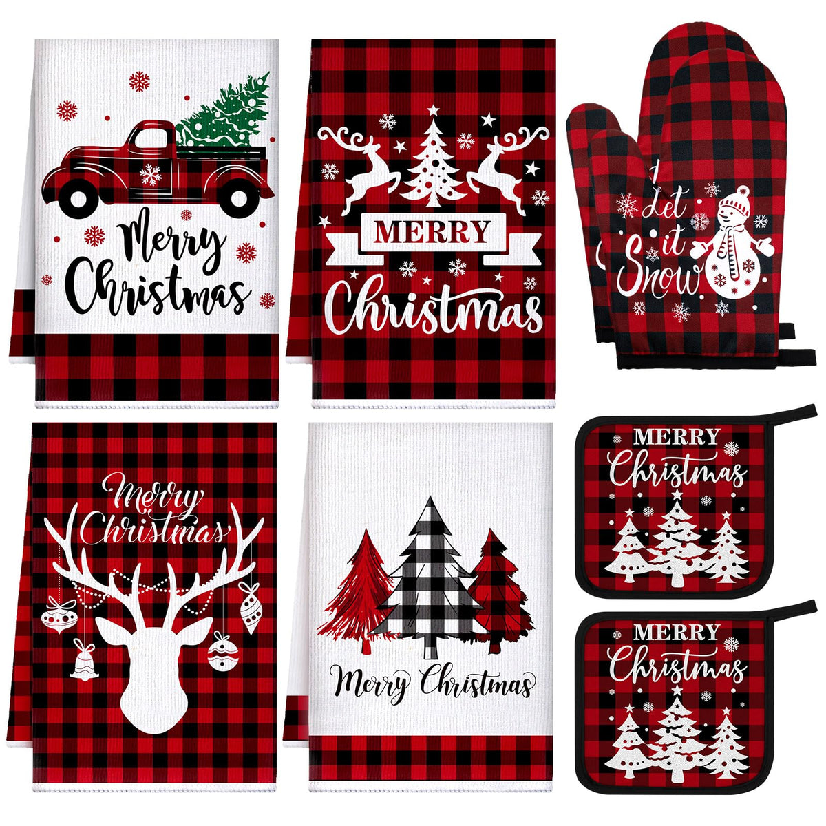 Bencailor Christmas Kitchen Linen Set, Red Truck Buffalo Plaid, 8 Pieces
