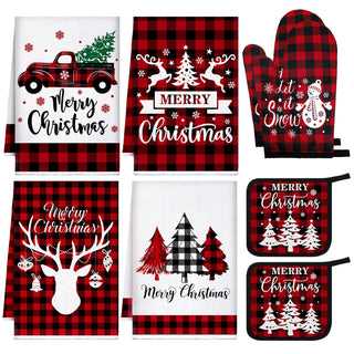 Bencailor Christmas Kitchen Linen Set, Red Truck Buffalo Plaid, 8 Pieces
