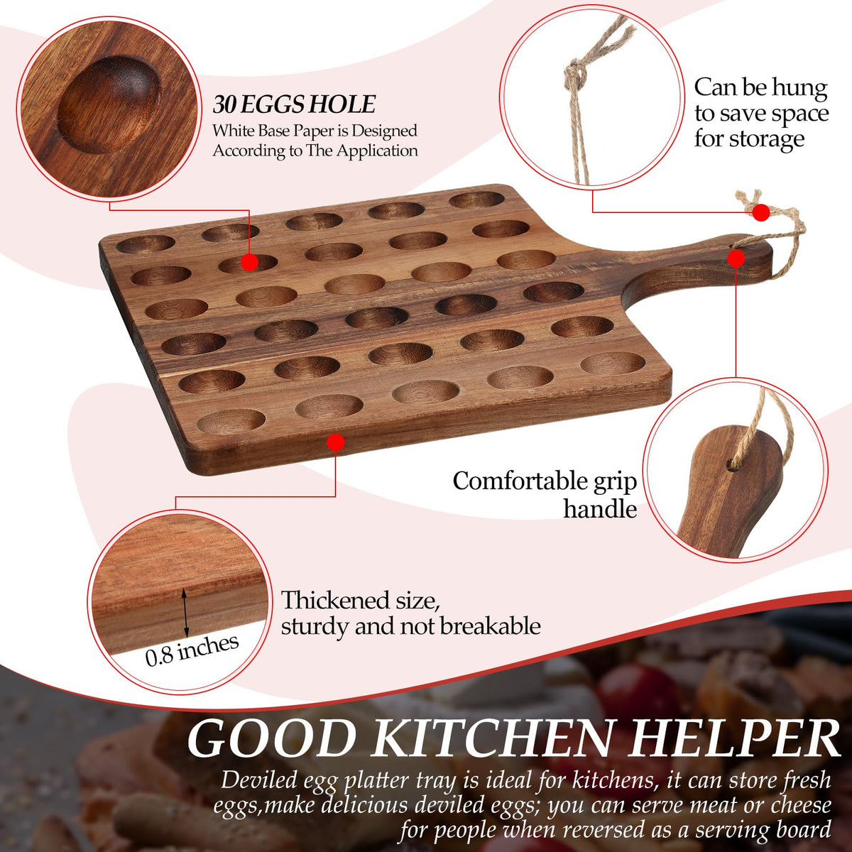 Gerrii Acacia Wood Deviled Egg Platter, 30 Holes, Natural