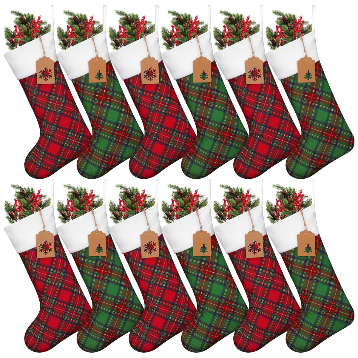 Twistover Christmas Stockings, 18 Inch Tartan Plaid Set of 12, Red Green