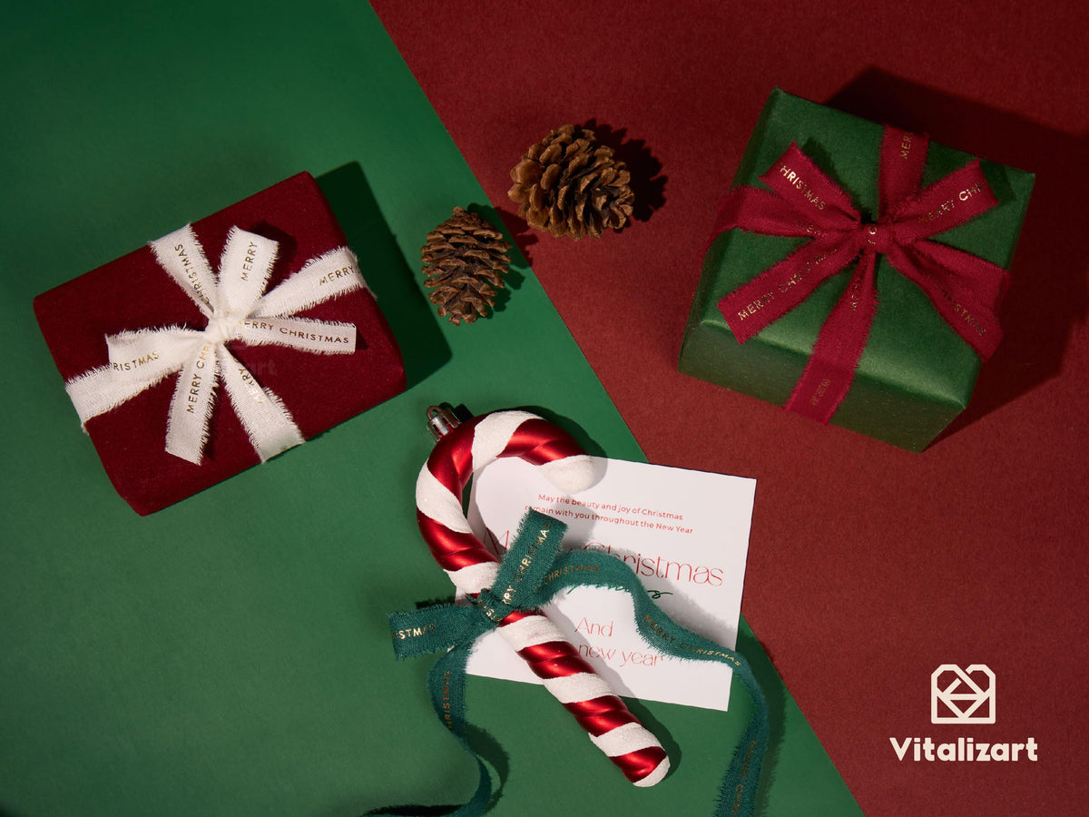 Vitalizart Christmas Ribbon, 5/8 Inch Cotton Frayed Fringe, Merry Christmas Mixed Color