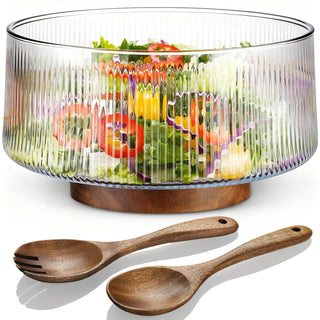 NiHome Glass Salad Bowl, Extra Large with Acacia Wood Base and Utensils, Transparent