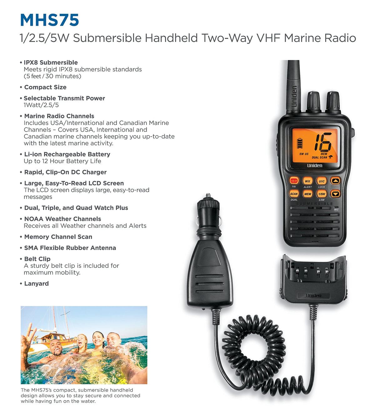 Waterproof Handheld 2-Way VHF Marine Radio by Uniden – One Size, Black, Model MHS75