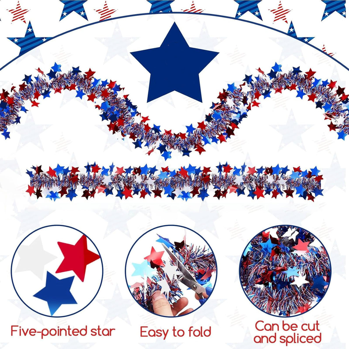 2PCS Red White and Blue Patriotic Garland 6.56ft 4th of July Metallic Twist Tinsel Hanging Garland USA Flag Stars Stripes Shiny Streamers Independence Day Memorial Day Celebration