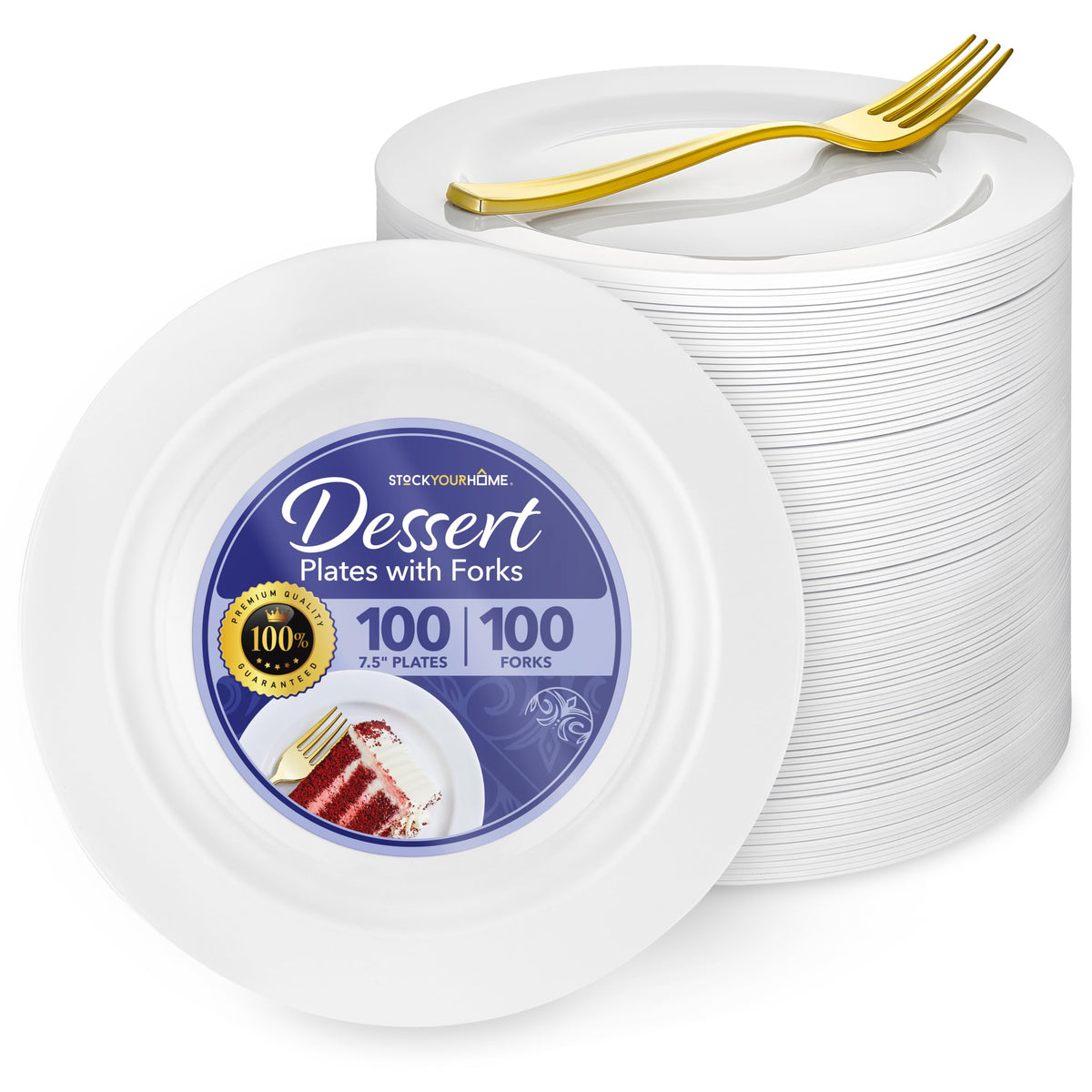 200 Pcs White Plastic Dessert Plates for Weddings and Gold Plastic Forks by Stock Your Home – 8 Pack Pack of 25, Plastic, White, Pack of 200, Model SYH-3620-QV-8CT