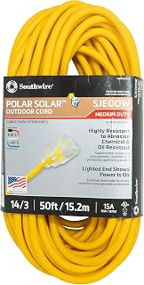 Southwire Polar Solar Medium Duty Extension Cord, 50Ft, 14 Gauge, 3 Conductor, Outdoor Cord, SJEOW, Yellow, 1488SW0002