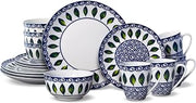 Mikasa Vienna 16-Piece Dinnerware Set - Elegant White Porcelain with Green Leaf and Blue Scroll Design, Lightweight Service for 4 - Plates, Bowls, Mugs, Microwave & Dishwasher Safe
