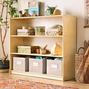 Guidecraft EdQ Three Shelf Open Storage Natural with 3 Fabric Bins: Wooden Kids Bookcases and Toy Storage Organizer; Homeschool and Classroom Furniture