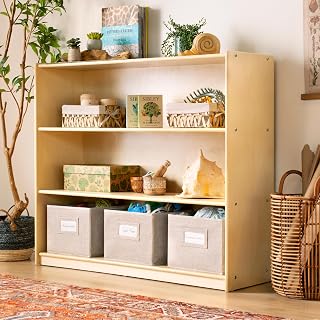Guidecraft EdQ Three Shelf Open Storage Natural with 3 Fabric Bins: Wooden Kids Bookcases and Toy Storage Organizer; Homeschool and Classroom Furniture