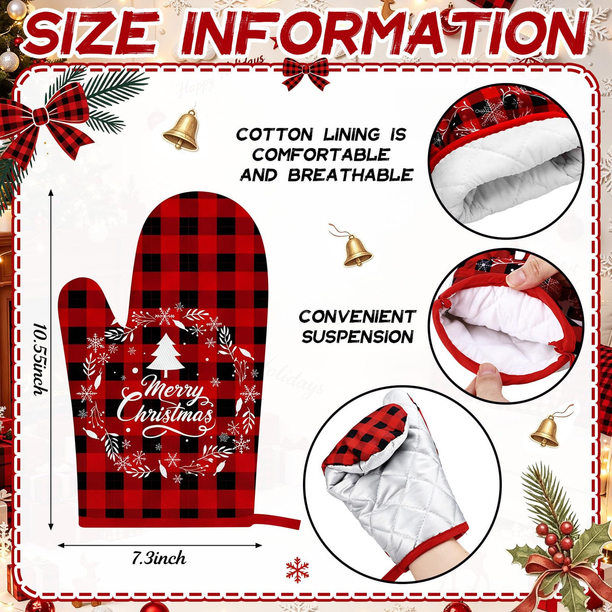 Sratte Christmas Oven Mitts, 12 Pack, Multicolored Plaid Santa Joy