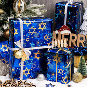 Maypluss Hanukkah Wrapping Paper, Metallic Foil Star of David, Navy Blue 17 Inch x 33 Feet
