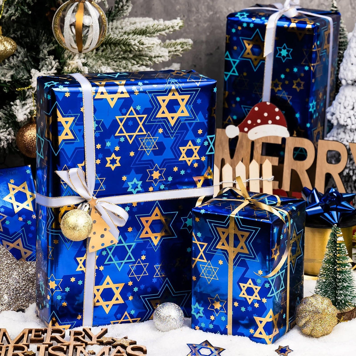 Maypluss Hanukkah Wrapping Paper, Metallic Foil Star of David, Navy Blue 17 Inch x 33 Feet