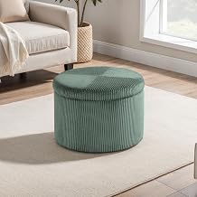 Convenience Concepts Designs4Comfort Round Corduroy Shoe Ottoman 22" - Upholstered Footstool, Small Table, & Seat with Storage Compartment for Living Room, Bedroom, Dark Sage Green Corduroy