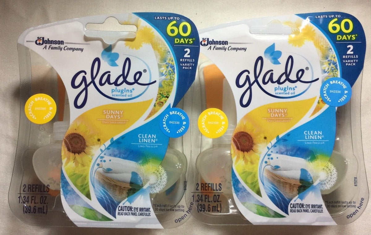 4 PLUGINS SCENTED OIL REFILLS 2 CLEAN LINEN / 2 SUNNY DAYS SEALED PACKS by Glade – Blue, Pack of 4, Model 70500