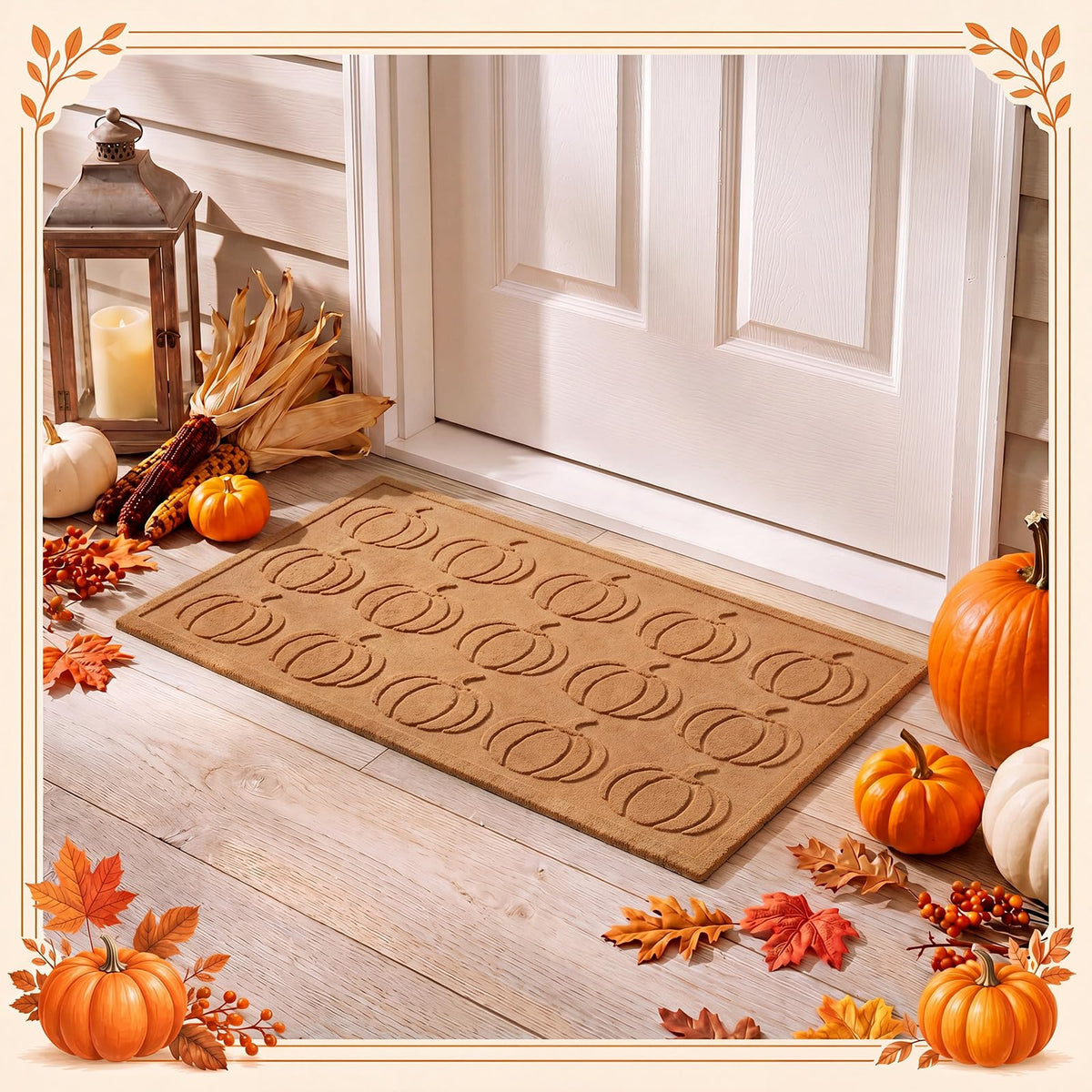Dunzy Pumpkin Doormat, Beige Embossed Design, 30 x 17 Inch