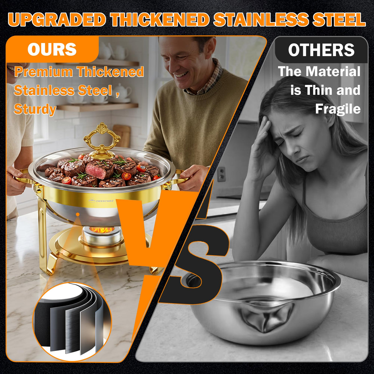 IMXSUMDA Round Chafing Dish Set, 6 Quart Capacity, 4 Pack with Glass Lids, Gold