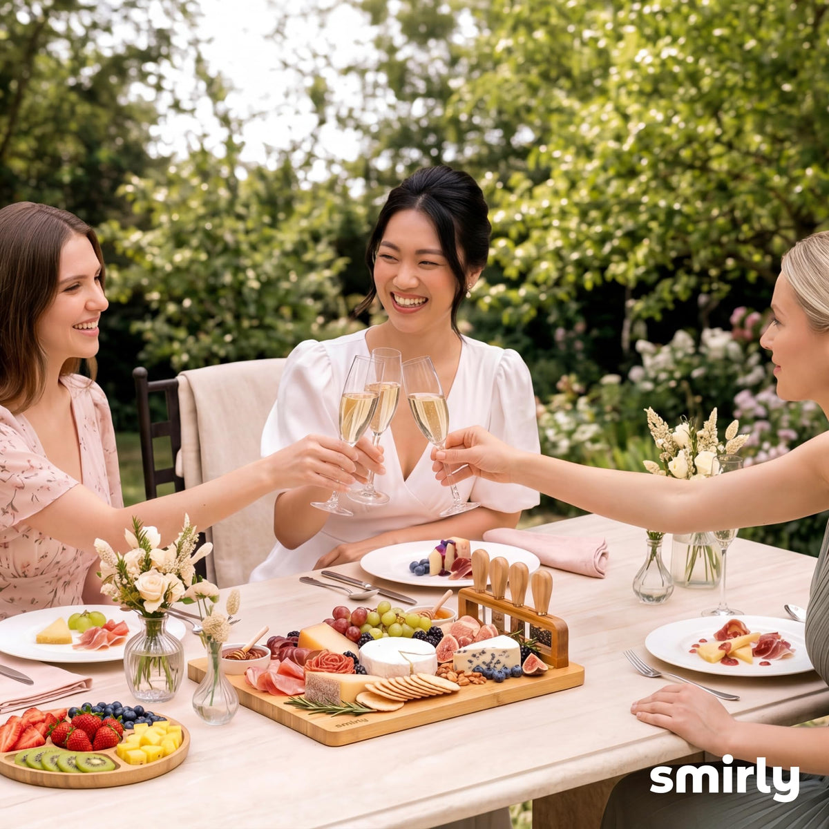 Smirly Bamboo Charcuterie Set, Large Serving Board with Knives and Bowls