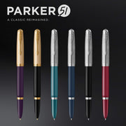 51 Fountain Pen | Deluxe Plum Barrel with Gold Trim | Fine 18k Gold Nib with Black Ink Cartridge | Gift Box by Parker – 1 Count (Pack of 1), Resin, Plum, Model 2123516