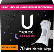 U by Kotex Balance Ultra Thin Overnight Pads with Wings, 78 Count (6 Packs of 13) (Packaging May Vary)