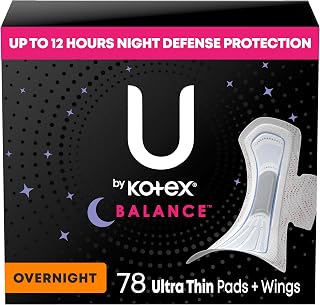 U by Kotex Balance Ultra Thin Overnight Pads with Wings, 78 Count (6 Packs of 13) (Packaging May Vary)