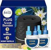Febreze Plug Scent Booster Starter Kit, Black, Oil Diffuser, Air Freshener, Continuous Scent Device + 2 Ocean Refills