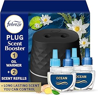 Febreze Plug Scent Booster Starter Kit, Black, Oil Diffuser, Air Freshener, Continuous Scent Device + 2 Ocean Refills