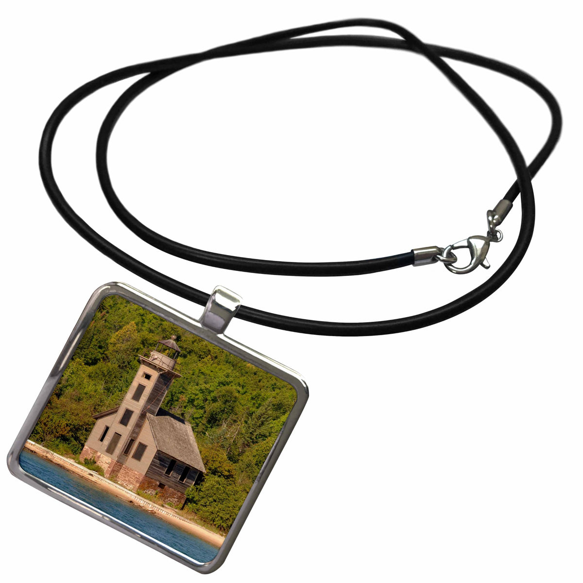 USA, Michigan, Grand Island East Channel Lighthouse - US23 PHA0002 - Peter Hawkins Necklace With Rectangle Pendant by 3dRose – Medium, Metal, White, Model ncl_144711_1
