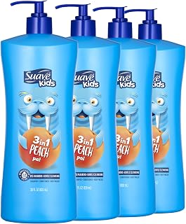 Suave Kids 3-in-1 Tear Free, Body Wash, Shampoo and Conditioners, Dermartologist Tested, Peach Pal, 28 Oz Pack of 4