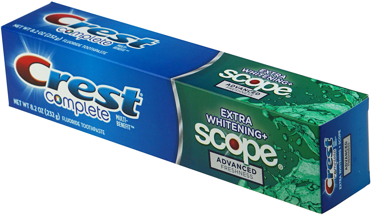 Complete Multi-Benefit Fluoride Toothpaste - Extra Whitening and Scope Advanced Freshness - 8.2 oz each by Crest – 8.2 Ounce (Pack of 3), Pack of 3, Model 739364x3