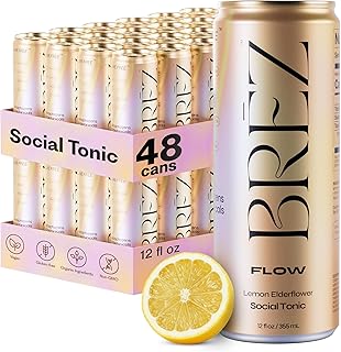 BRĒZ Flow Alcohol Alternative Drink, Non Alcoholic Sparkling Tonic, 48 Pack | Lion’s Mane Mushroom Drink, Adaptogen Beverage for Mood & Focus, Alcohol Alternative with a Buzz, Lemon Elderflower, 12 fl oz