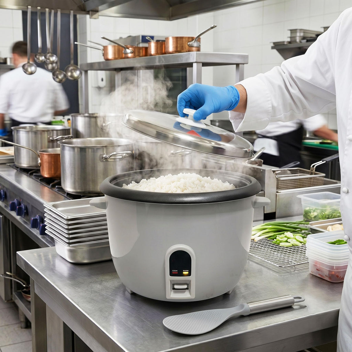 Commercial Rice Cooker by Global Solutions – 24.0 cups, Stainless Steel, Grey, Model GS1630