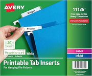 Avery Printable Tab Inserts for Hanging File Folders, 1/2" x 2", 1/5 Cut, White, 100 Index Tab Inserts (11136)