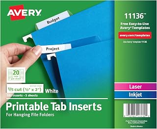 Avery Printable Tab Inserts for Hanging File Folders, 1/2" x 2", 1/5 Cut, White, 100 Index Tab Inserts (11136)