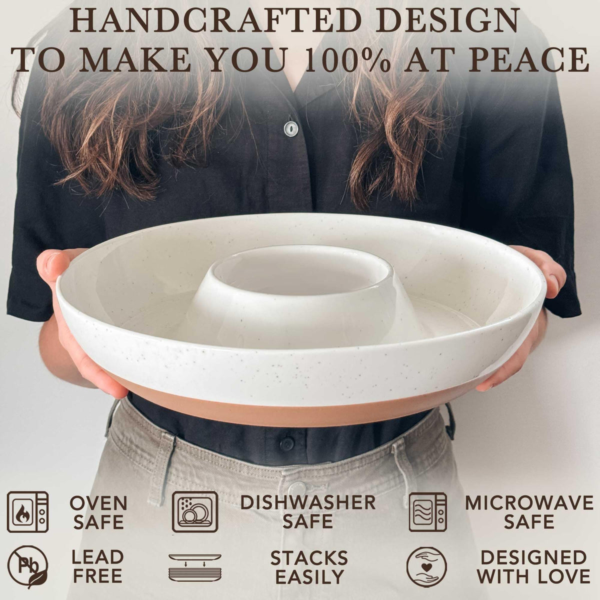 Mora Ceramic Chip and Dip Tray, Large Divided Serving Bowl, Vanilla White