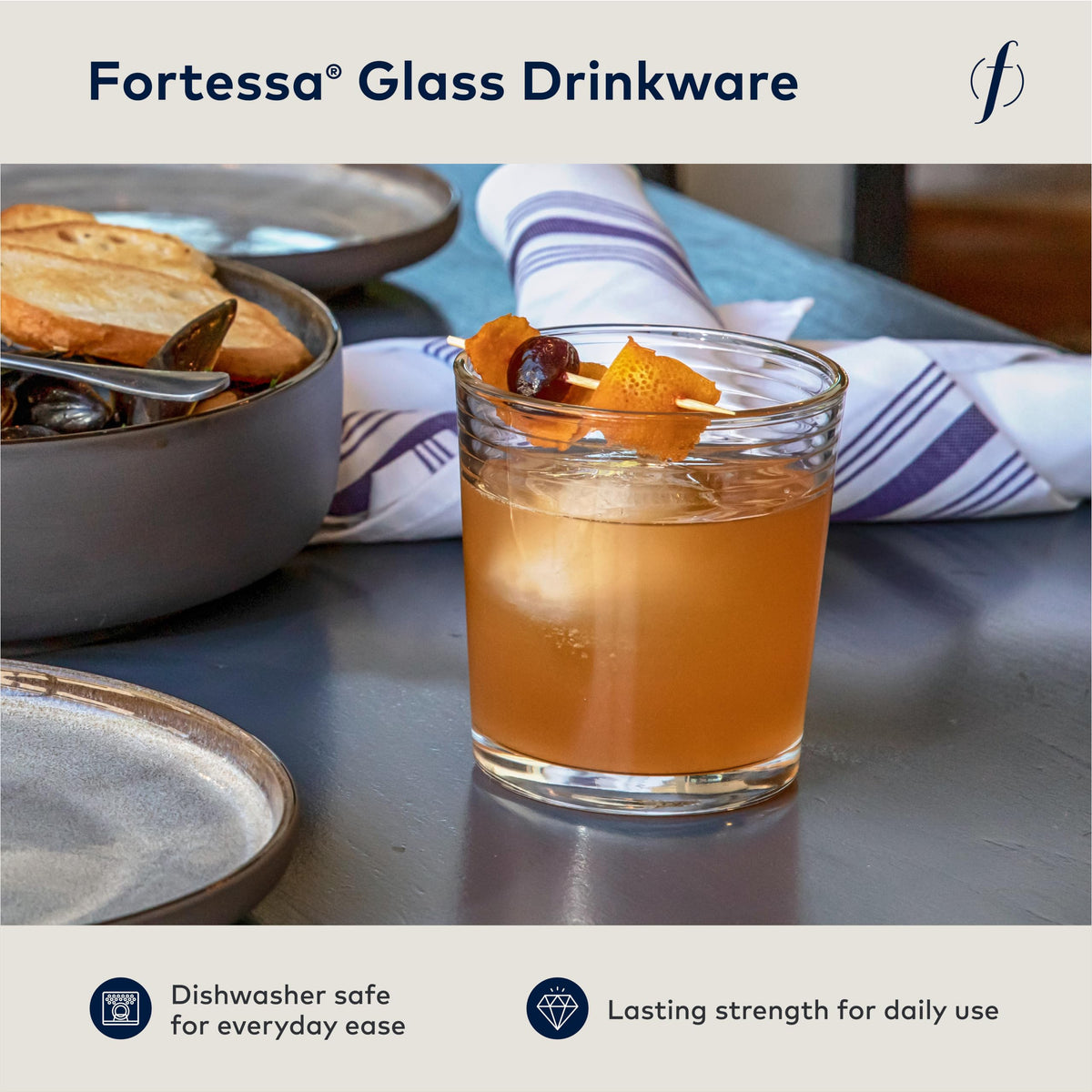 Basics Arcade Everyday 12 Pack Set Glassware Great for: Mixed Drinks/Cocktails by Fortessa – 13 Ounces, 12 ounces, Glass, Double Old Fashioned/Rocks, Pack of 12