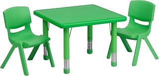 Flash Furniture 24 in Plastic Square Activity Table with 2 Chairs, Green | Height Adjustable Table, Plastic, Durable Construction, Commercial Use