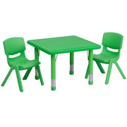 24 in Plastic Square Activity Table with 2 Chairs by Flash Furniture – 24"W x 24"D x 14.50" - 23.75"H, Plastic, Green, Pack of 3, Model YU-YCX-0023-2-SQR-TBL-GREEN-R-GG