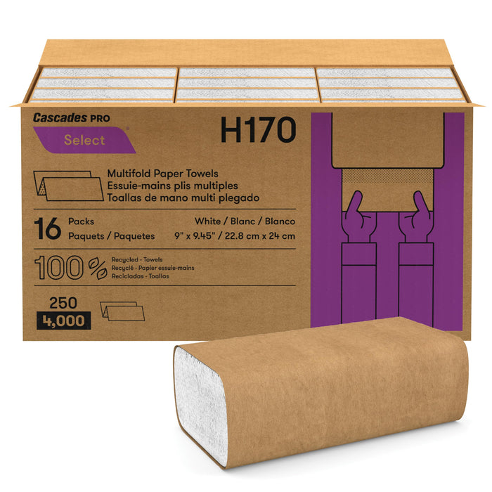 Cascades PRO Select Multifold Paper Towels – Strong & Absorbent 1-Ply Hand towel – Fits Universal Dispensers – Commercial Bathroom Kitchen Towel, 250 Sheets/Pack, 16 Packs/Box – H170 – White
