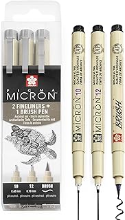 Sakura Pigma Micron - Pigment Fineliner Pens - 10/12/Brush - Wallet of 3 - Black Ink