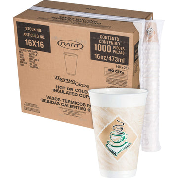 Dart 16X16G Café G Foam Hot/Cold Cups, 16oz, White w/Brown & Green (Case of 1000)