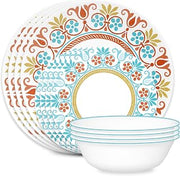 Corelle Global Collection Vitrelle 12-Piece Dinnerware Set, Triple Layer Recycled Glass, Lightweight Eco-Friendly Round Plates and Bowls Set, Terracotta Dreams