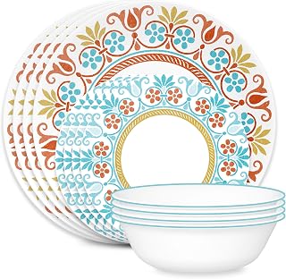 Corelle Global Collection Vitrelle 12-Piece Dinnerware Set, Triple Layer Recycled Glass, Lightweight Eco-Friendly Round Plates and Bowls Set, Terracotta Dreams