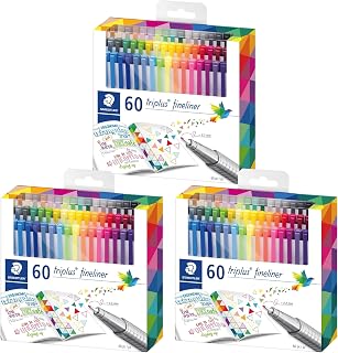 STAEDTLER Fineliner triplus 60, 3 Pack (3 sets of 60 pcs) | 180 Total Count, 0.3mm Assorted Colors, Ergonomic Triangular Shape