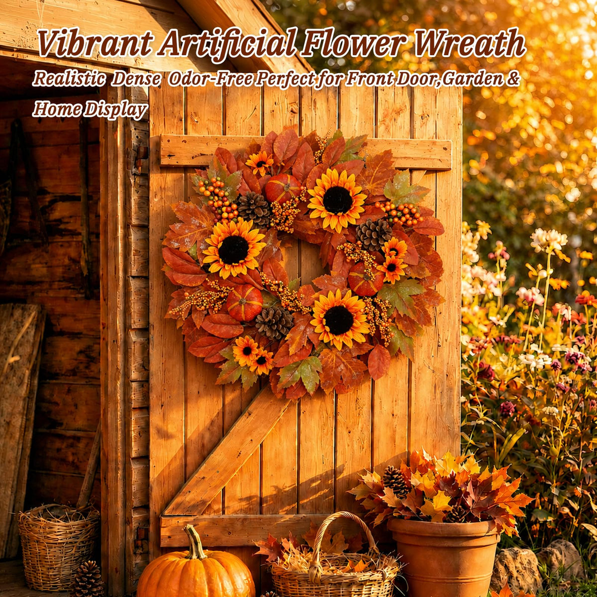 Grooy Artificial Fall Wreath, 22 Inch Diameter, Sunflower